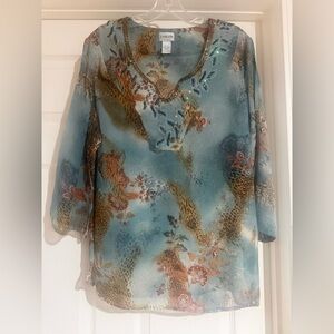 Chico's Multicolor Floral Women's Green And Brown Blouse 100% Silk